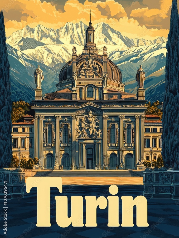 Explore the vibrant city of Turin, featuring majestic mountains and iconic architecture. This retro travel poster captures the essence of a timeless destination for adventurers and history lovers.