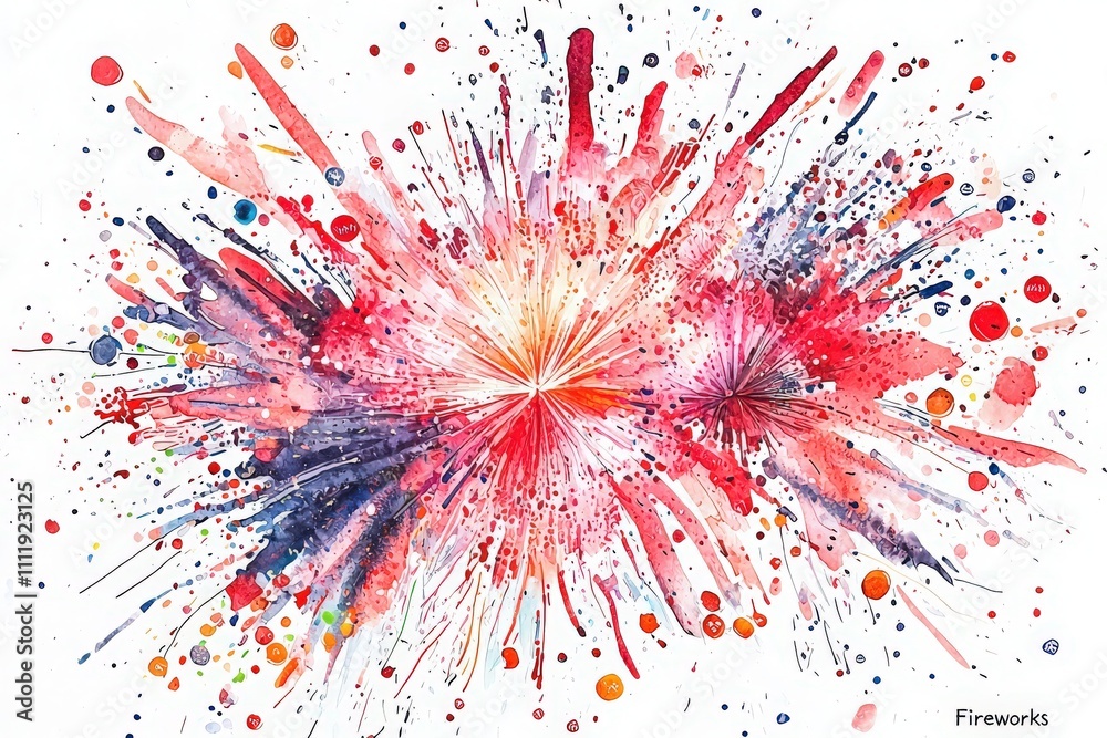Explosive bursts of color radiate outward in this lively watercolor artwork. Shades of red, pink, blue, and purple create an energetic display reminiscent of a celebration or festival.