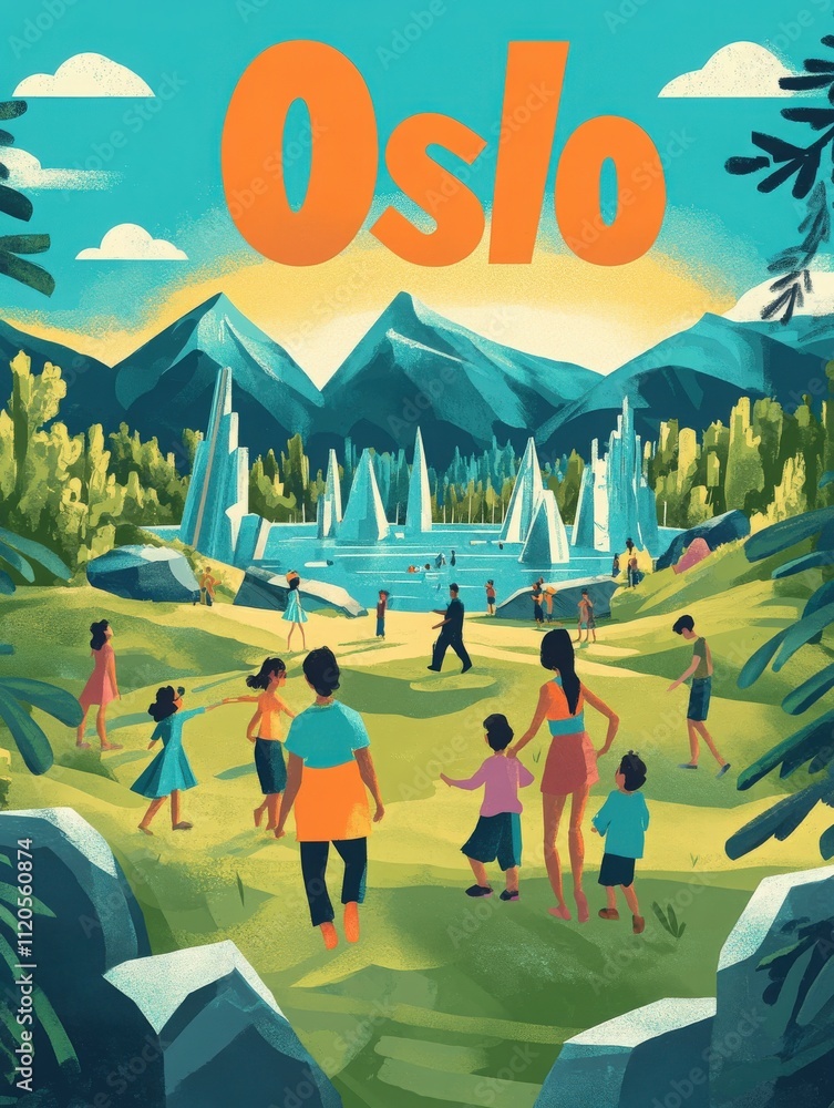 Families and friends walk through a vibrant park in Oslo, surrounded by tall mountains and a picturesque lake. The sunny day brings joy to everyone exploring the natural beauty.