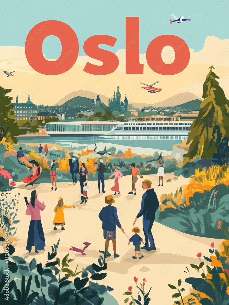 Families and tourists stroll through a lively park in Oslo, enjoying the sunny weather, lush greenery, and scenic views. Children play while adults take in the charming surroundings.