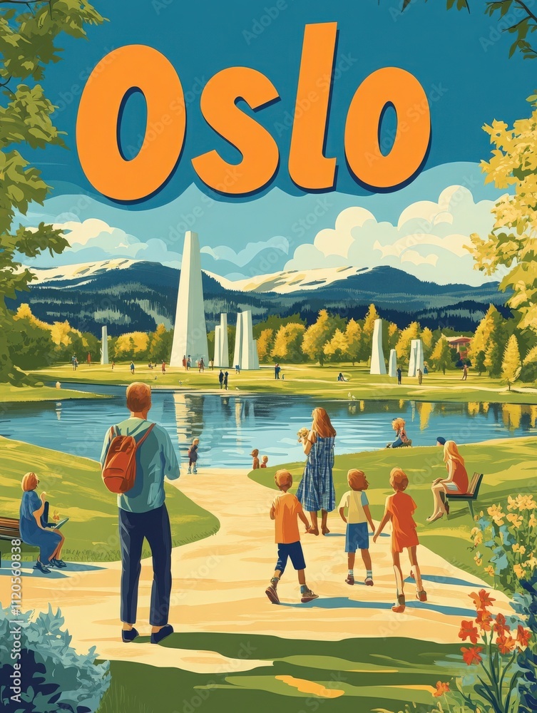 Families explore a picturesque park in Oslo during a sunny day, with children playing and adults relaxing by the water. Vibrant mountains and sculptures add charm to the scenery.