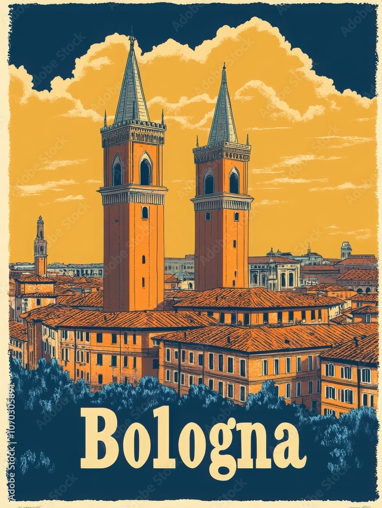 Featuring Bolognas striking twin towers, this vintage travel poster captures the citys rich history and architectural beauty, inviting travelers to explore its vibrant streets and culture.