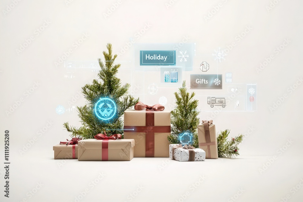 Festive arrangement features wrapped gifts and small decorative trees. Digital icons represent holiday themes like gifts and celebrations, enhancing the cheerful atmosphere.