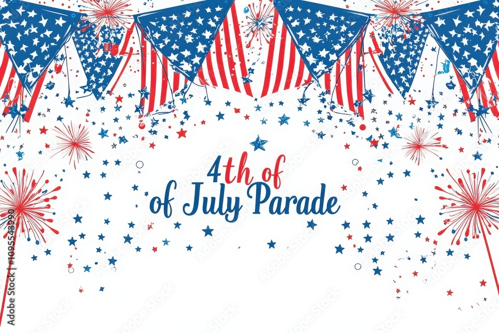 Festive decorations fill the sky for the Fourth of July parade, showcasing vibrant red, white, and blue colors. Colorful banners and firework themes create a joyful atmosphere for celebration.