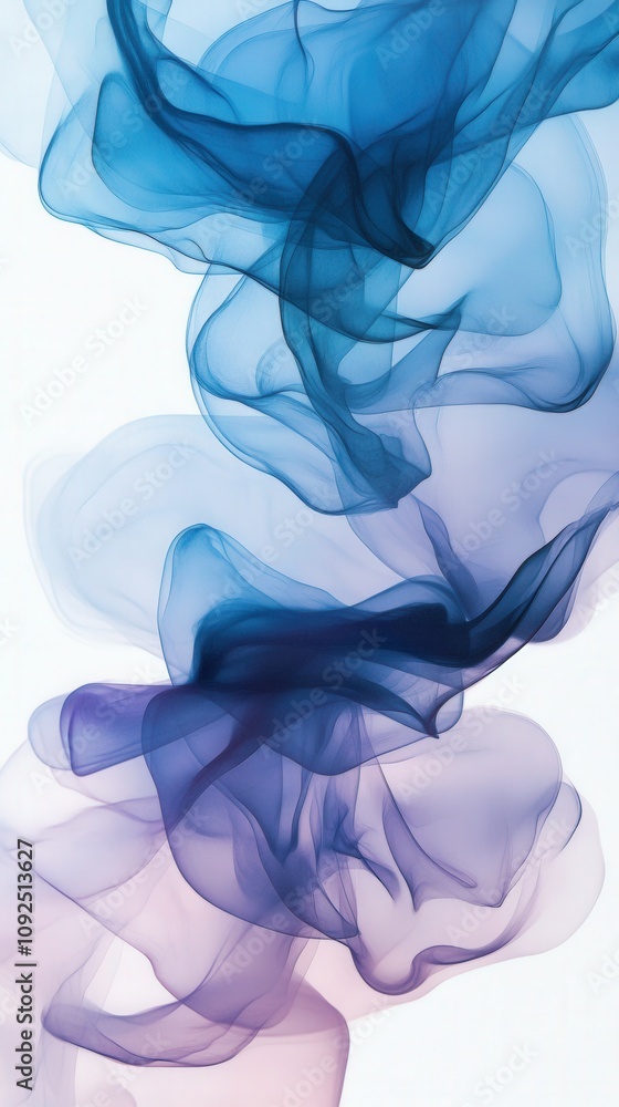 Flowing smoke in shades of blue and purple creates a mesmerizing pattern against a light background. The delicate curvatures evoke a sense of movement and tranquility.