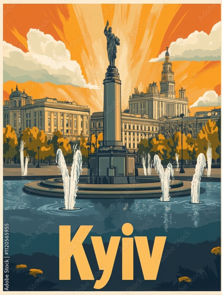 Fountains spout water in Maidan Nezalezhnosti as the sun sets behind historical buildings in Kyiv. The vibrant orange and yellow hues create a stunning backdrop for the iconic monument.