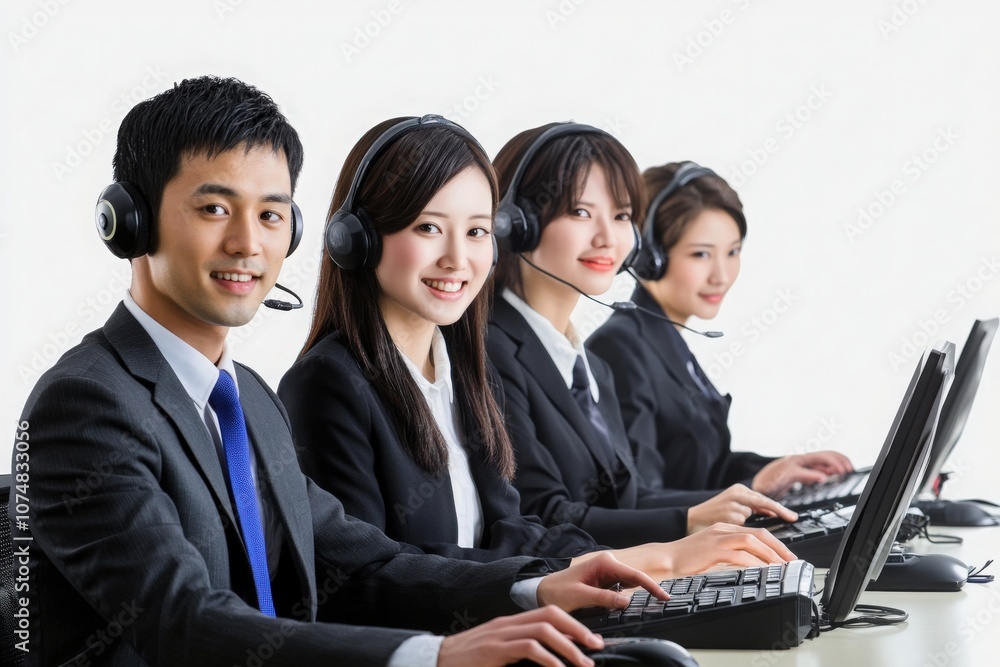 Four Asian IT support specialists are engaged in assisting clients. They wear headsets and work on computers, displaying a collaborative and focused atmosphere in a modern office.