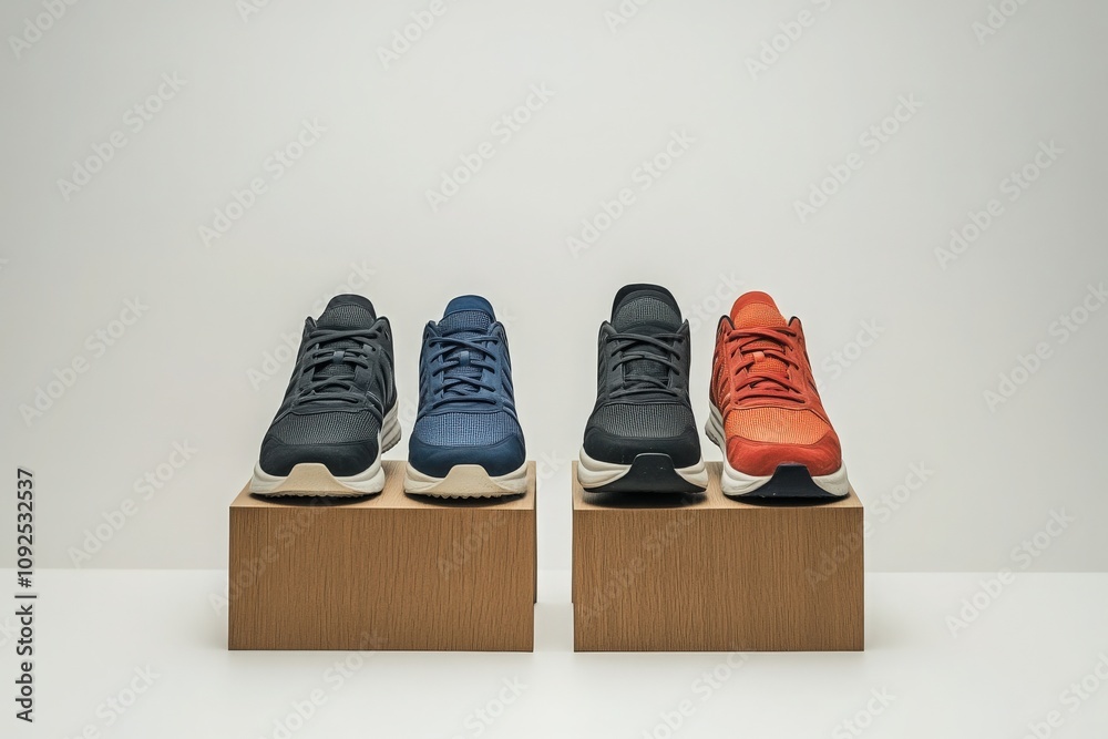 Four pairs of athletic shoes are showcased on wooden platforms, featuring blue, black, and orange designs. The clear background emphasizes their modern appeal and versatility.