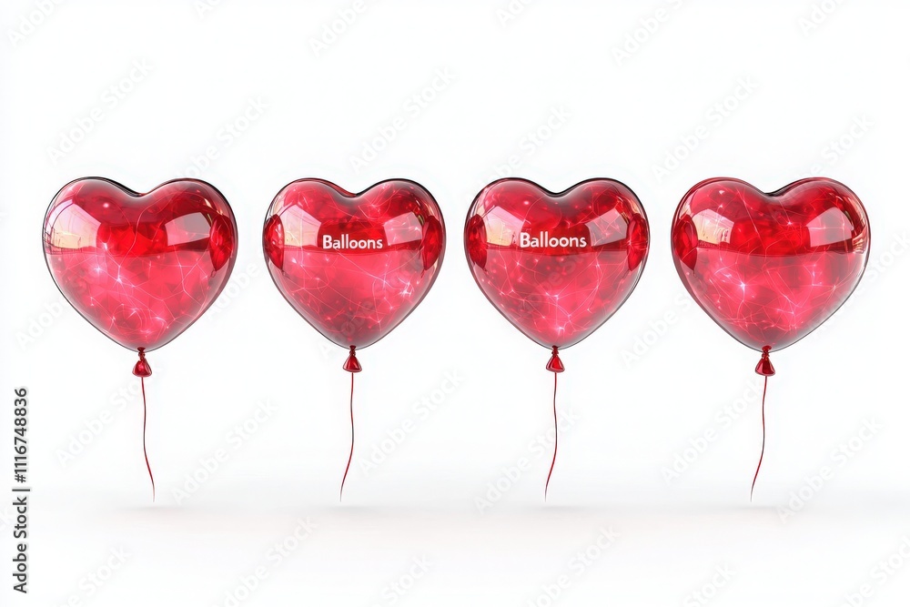 Four shiny red heart-shaped balloons with strings are floating in the air, brightening up the atmosphere of a festive celebration or romantic occasion.