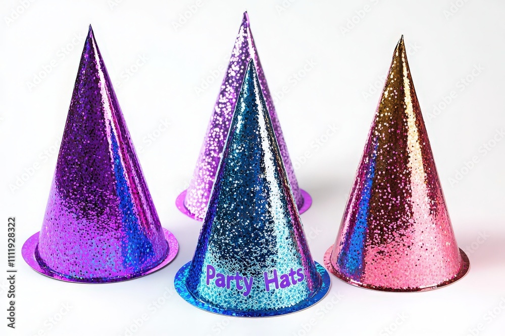 Four vibrant party hats in shades of purple, blue, and pink are arranged neatly against a white background. These hats are perfect for festive occasions like birthdays and gatherings.