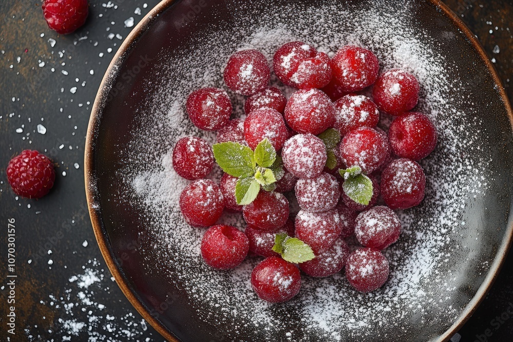 Freshly picked berries are artfully arranged in a bowl, sprinkled lightly with powdered sugar, creating a delicious and inviting look. The deep colors contrast with the dark surface beneath.