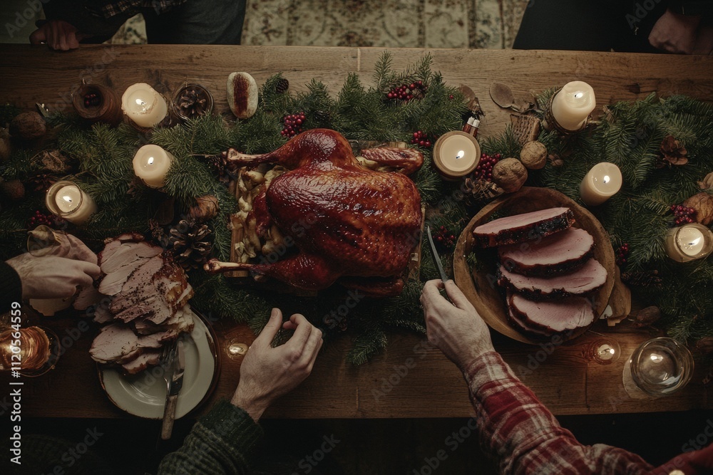 Friends and family celebrate the holiday season gathered at a wooden table adorned with greenery, candles, and an impressive spread of turkey and ham, creating a warm atmosphere of togetherness.