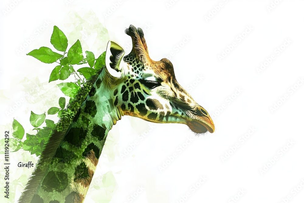 Giraffe stands gracefully, highlighting its long neck and unique patterns. Surrounding it are delicate green leaves, adding a fresh and vibrant element to the composition.