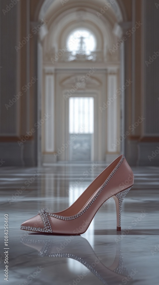 Glistening high heels with diamond embellishments are showcased in a majestic room featuring intricate architecture. The soft pink color of the heels complements the opulent surroundings beautifully.