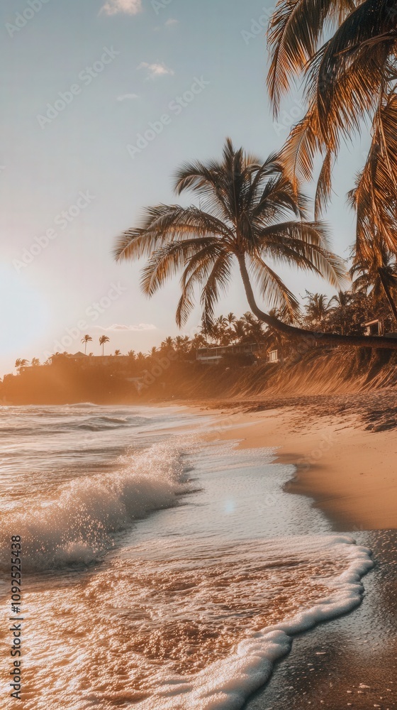 Glistening waves lap against a sandy shore as the sun sets behind palm trees. The soft glow of dusk illuminates the peaceful beach, creating a serene atmosphere for relaxation.