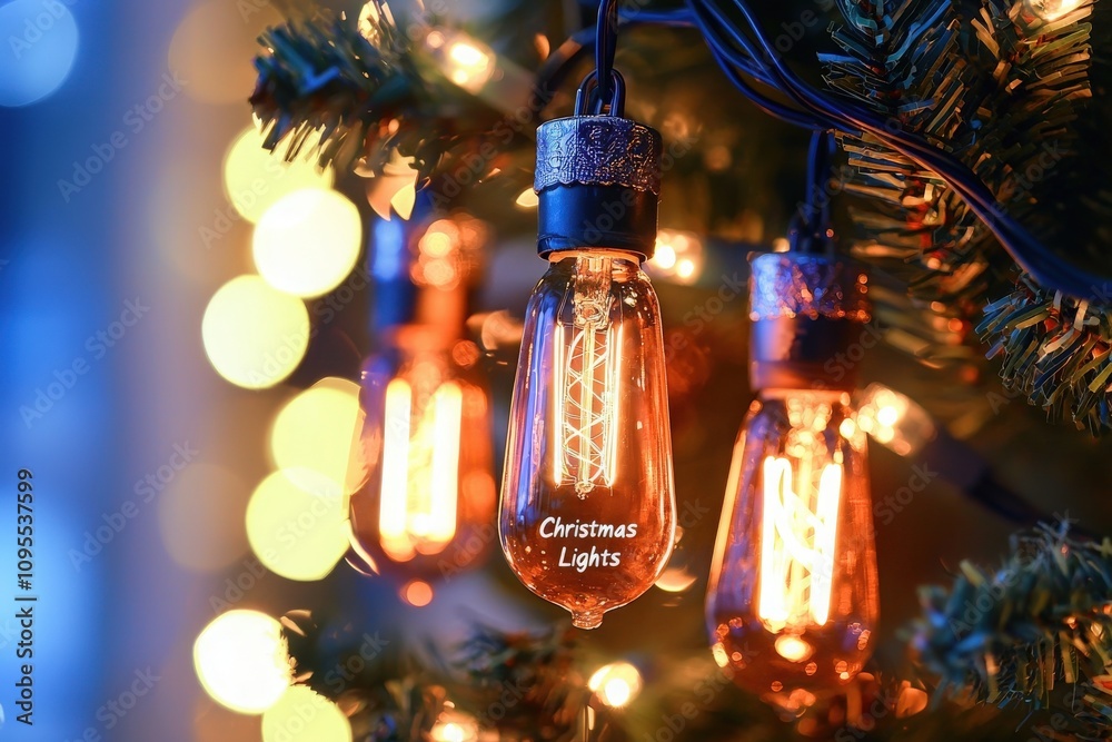 Glowing vintage-style bulbs hang from a decorated Christmas tree, casting warm light and creating a festive atmosphere in a cozy indoor space during the holiday season.