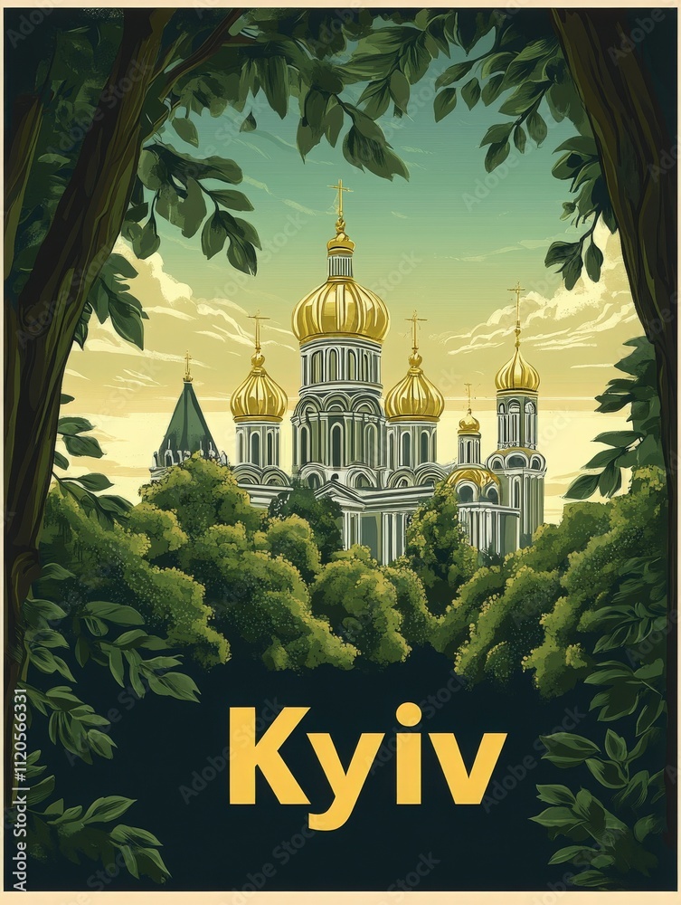 Golden-domed church stands majestically amidst green trees in Kyiv. The vibrant architecture shines under the clear sky, showcasing the beauty of this historic city.