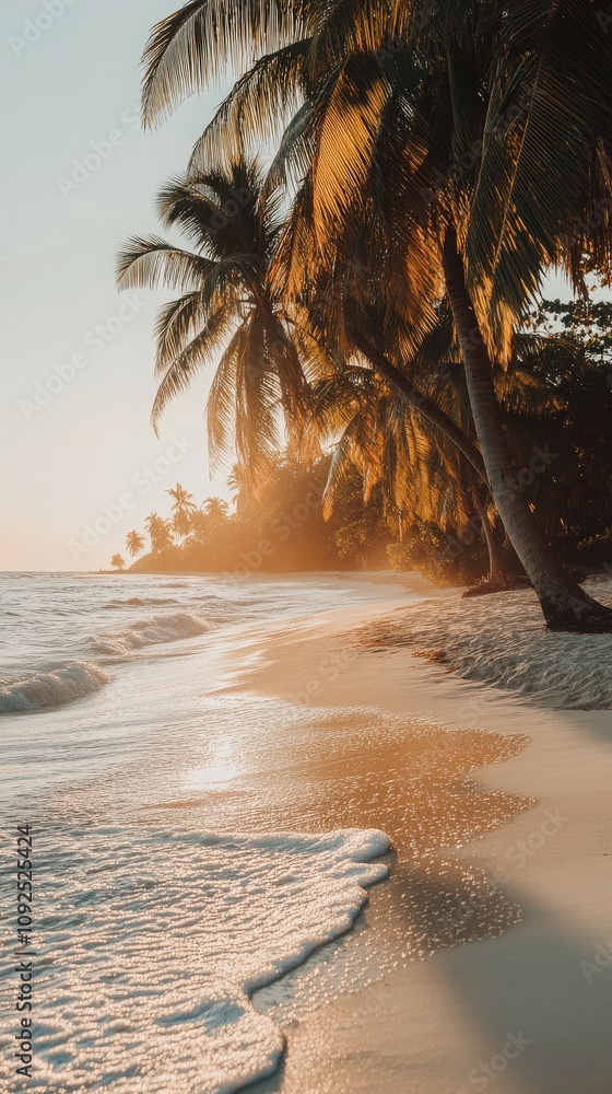Golden sunlight filters through palm trees lining a serene beach, casting warm hues on the sandy shore. Gentle waves lap at the coastline as evening descends, creating a peaceful ambiance.