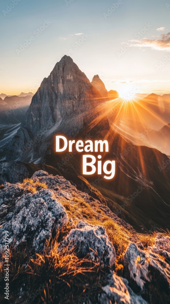 Golden sunlight illuminates a rugged mountain landscape at dawn. Majestic peaks tower above while the phrase Dream Big inspires hope and ambition in a serene outdoor setting.