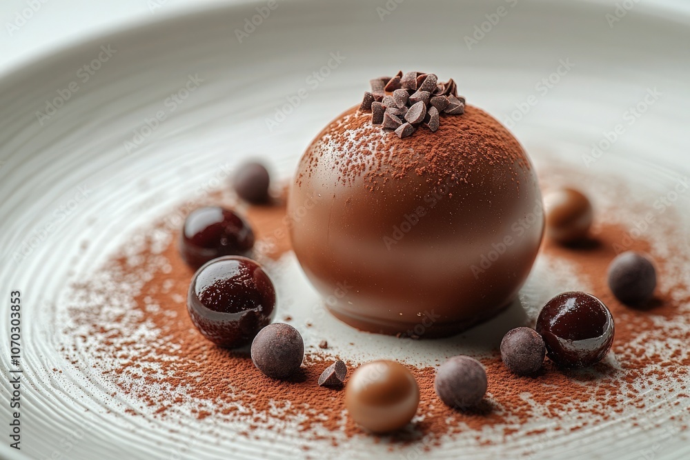Gourmet chocolate presented elegantly with small chocolate beads and powder arranged on a fine plate, highlighting intricate details and textures, creating a visually stunning dessert.