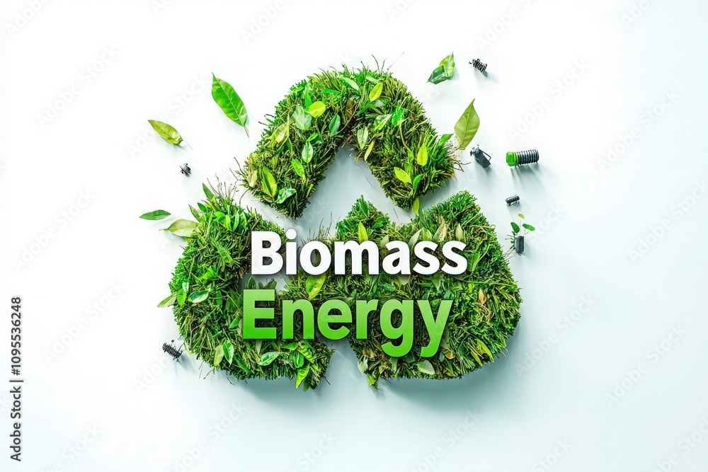Green grass and leaves form a recycling symbol representing biomass energy. This design emphasizes sustainability and renewable energy solutions for a healthier planet.
