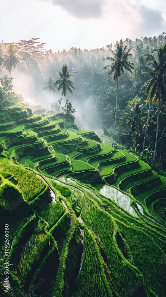 Green rice terraces stretch across the landscape in Bali, surrounded by palm trees and enveloped in soft morning fog. The vibrant greenery enhances the tranquil rural atmosphere at dawn.