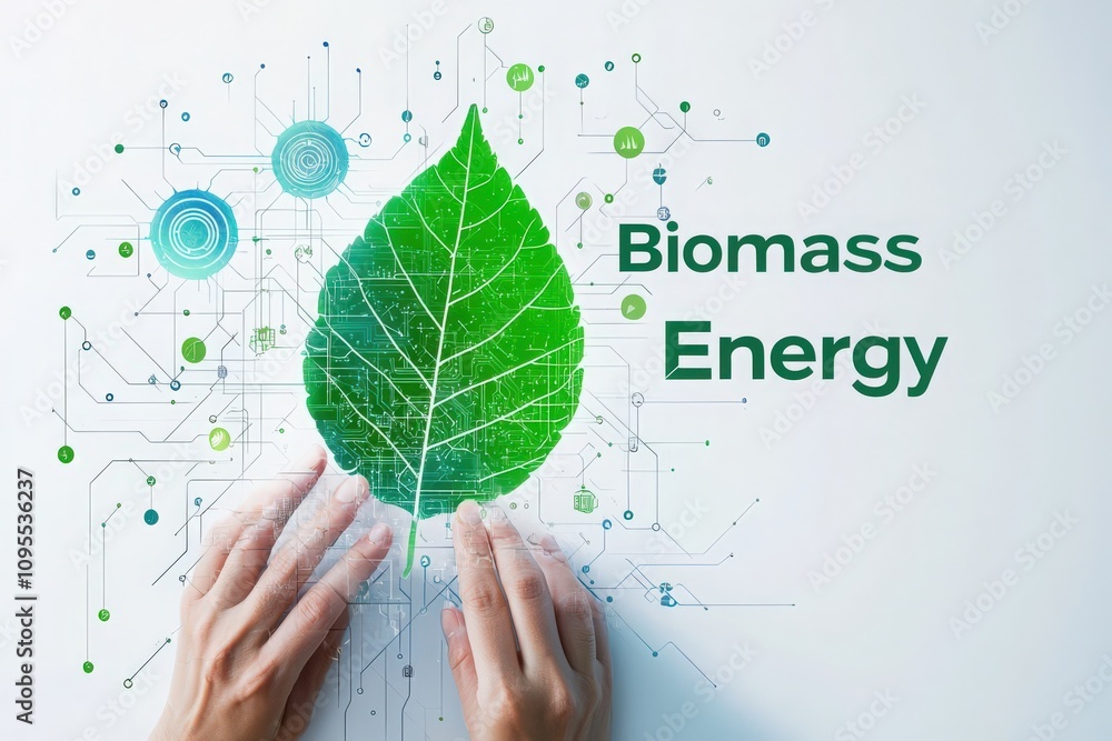 Hands interact with a vibrant green leaf graphic symbolizing biomass energy, framed by digital circuitry. The blend of nature and technology showcases sustainable energy solutions.