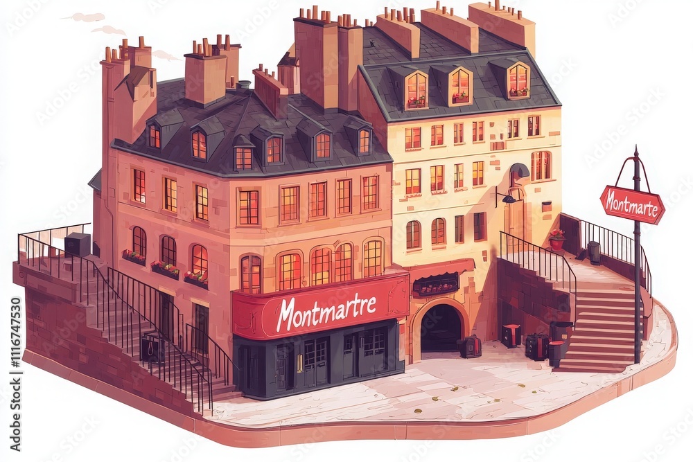 Historic buildings line a quaint street in Montmartre, illuminated by warm lights. The architecture reflects classic Parisian style. A cozy atmosphere captures the essence of this vibrant district.