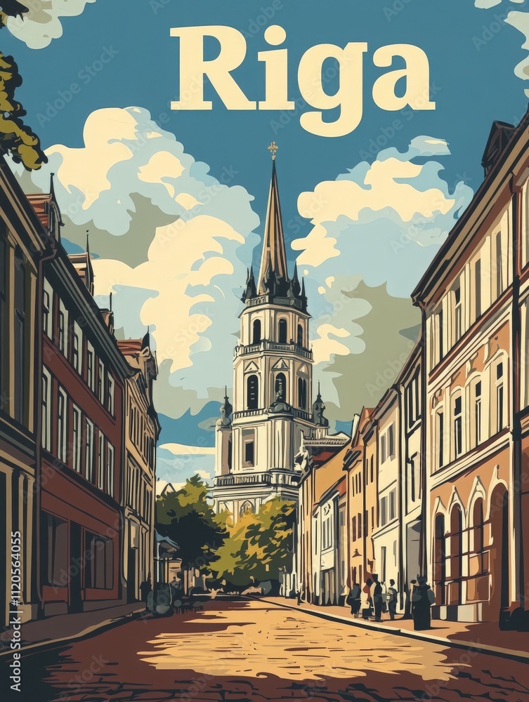Historic buildings line the cobblestone street leading to a prominent tower in Riga, showcasing the citys architectural beauty under a bright sky.
