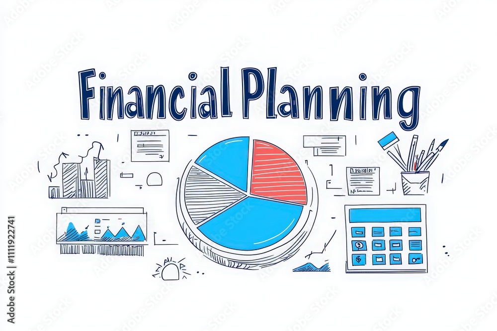 Illustrations display various aspects of financial planning, including pie charts, graphs, and calculation tools. This artwork emphasizes the importance of budgeting and investment strategies.