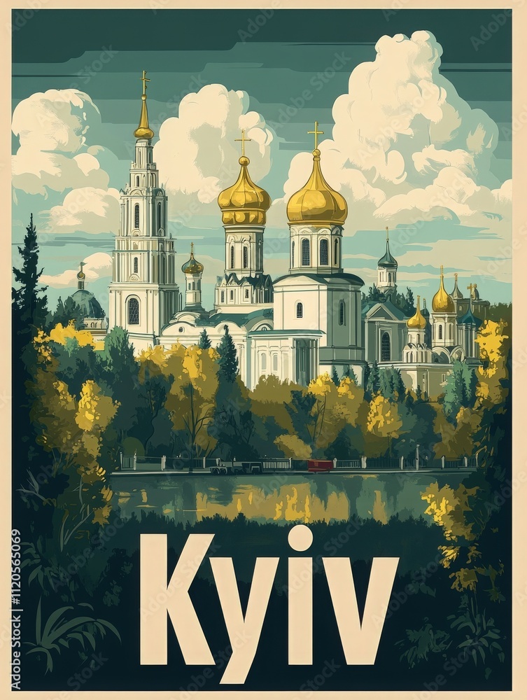 Impressive buildings with golden domes stand majestically against a backdrop of fluffy clouds in Kyiv. Trees frame the view, reflecting in the calm water below, creating a serene atmosphere.