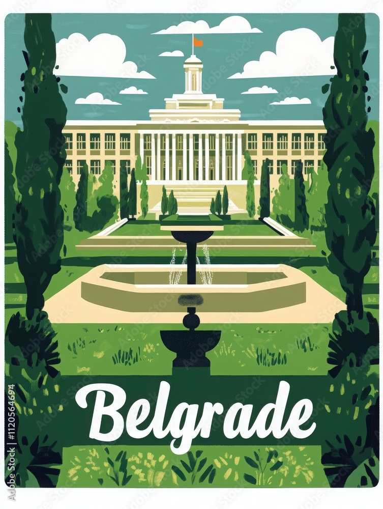 In Belgrade, a well-maintained garden features a central fountain surrounded by verdant greenery, with historic buildings towering in the background beneath a clear blue sky.