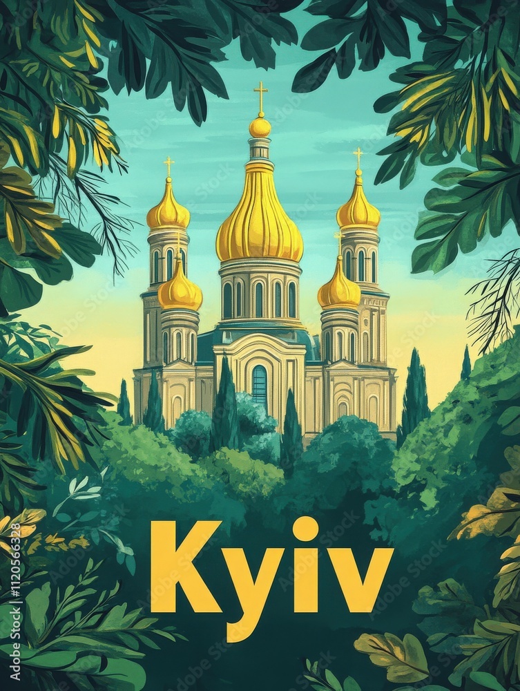 In Kyiv, a stunning church with golden domes rises majestically above surrounding trees. Lush foliage frames the iconic structure under a clear blue sky, showcasing the beauty of the city.