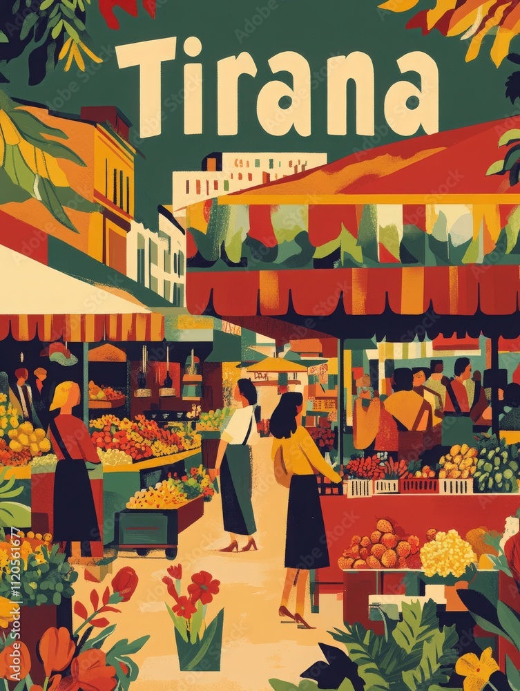 In Tirana, locals engage in lively exchanges at a bustling market filled with colorful stalls brimming with fresh produce, flowers, and community spirit under a sunny sky.