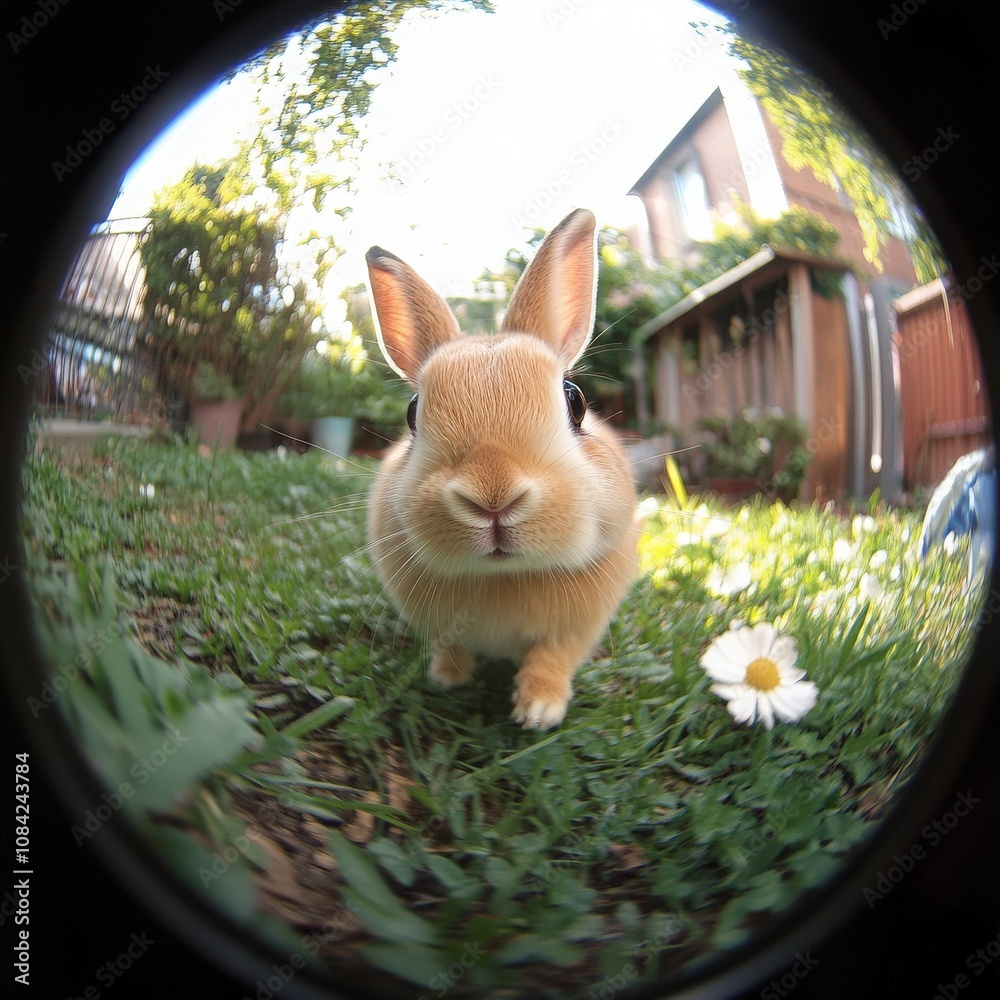 In a bright garden filled with green grass and delicate daisies, a cute little rabbit hops around curiously. The sun shines down, creating a warm atmosphere for this adorable creature.