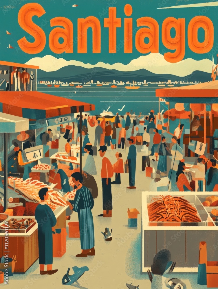 In a bustling Santiago marketplace, vendors display fresh seafood and produce. Shoppers explore stalls while seagulls fly overhead, with mountains in the background and a lively atmosphere.
