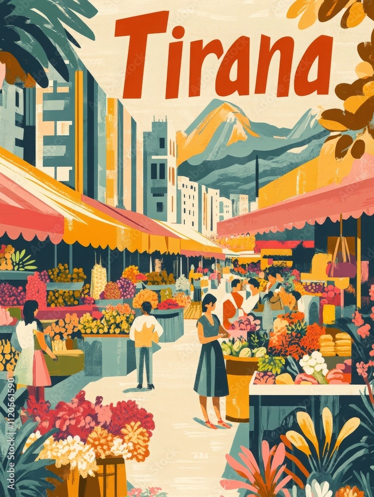 In a bustling marketplace in Tirana, people browse colorful stalls filled with flowers and fresh produce. The backdrop features mountains and bright banners, creating a lively atmosphere.