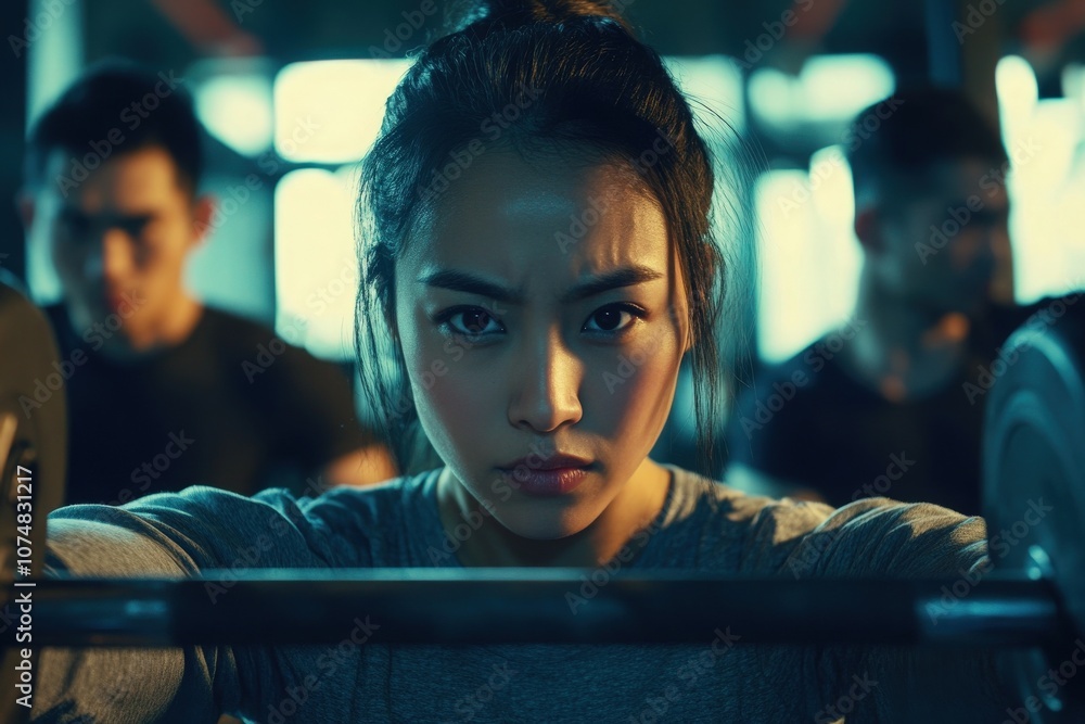 In a busy gym setting, Asian individuals focus on lifting weights, showcasing their strength and determination. The atmosphere reflects a dedication to fitness and teamwork.