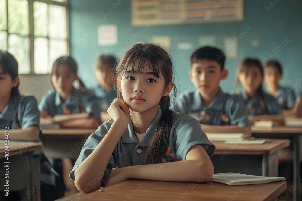 In a classroom setting, diverse young Asian students focus on their lessons while seated at desks. They appear attentive and eager to learn, with notebooks and pens in front of them.