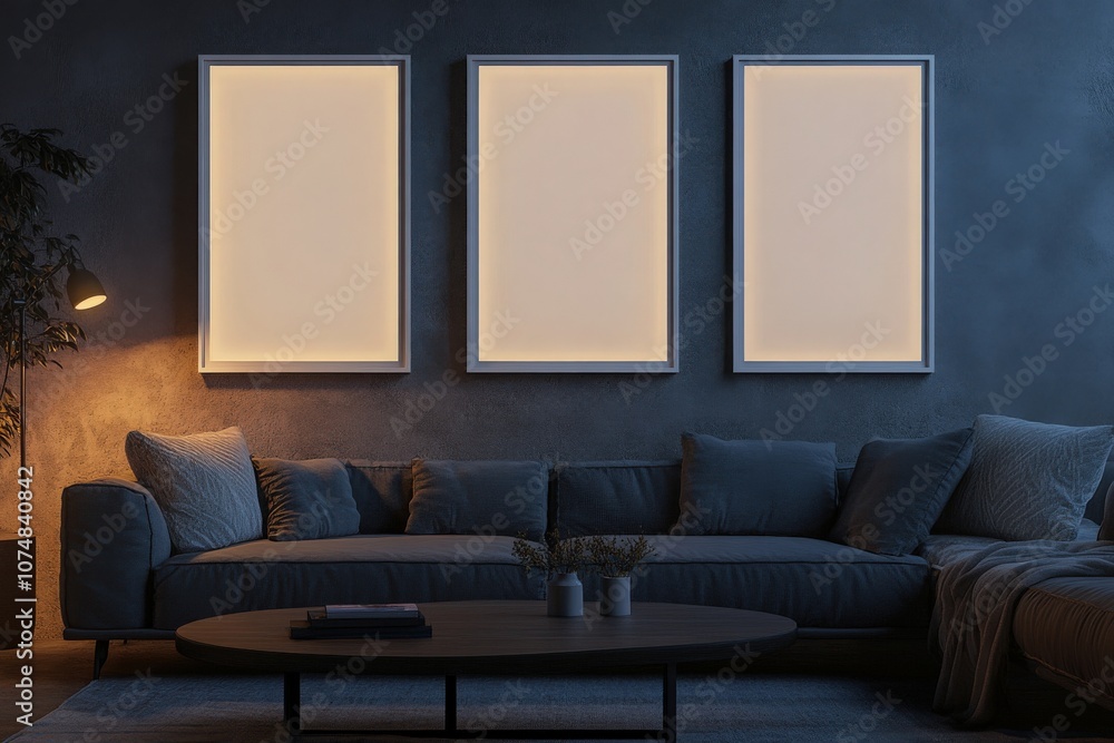 In a contemporary living room, three empty rectangular frames are aligned horizontally above a stylish sofa. The warm lighting creates an inviting atmosphere, enhancing the decor.