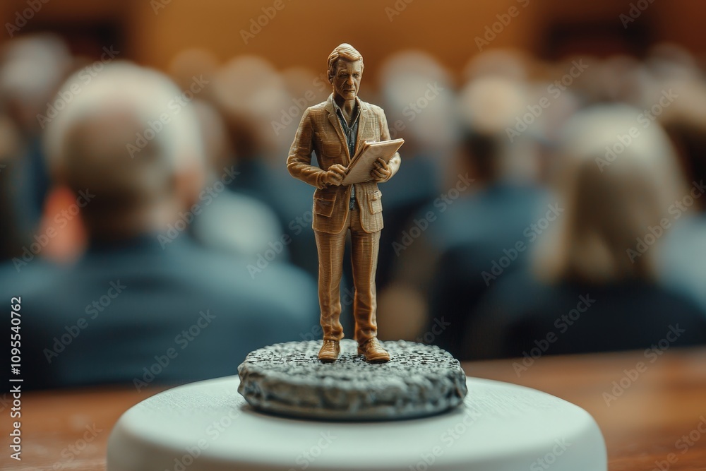 In a courtroom filled with attentive individuals, a miniature figure of a lawyer stands holding legal documents. The scene captures the essence of a significant legal proceeding.
