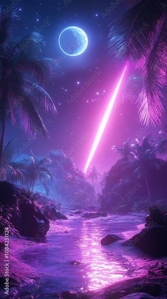 In a distant planets tropical environment, radiant alien flora illuminates the landscape. A vibrant beam of light cuts through the night as stars twinkle above, creating a surreal atmosphere.