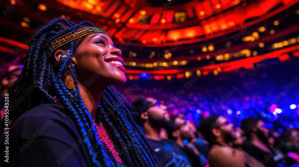 In a lively concert atmosphere, a smiling woman with braided hair enjoys the performance while seated among a captivated audience. The colorful lights enhance the excitement of the event.