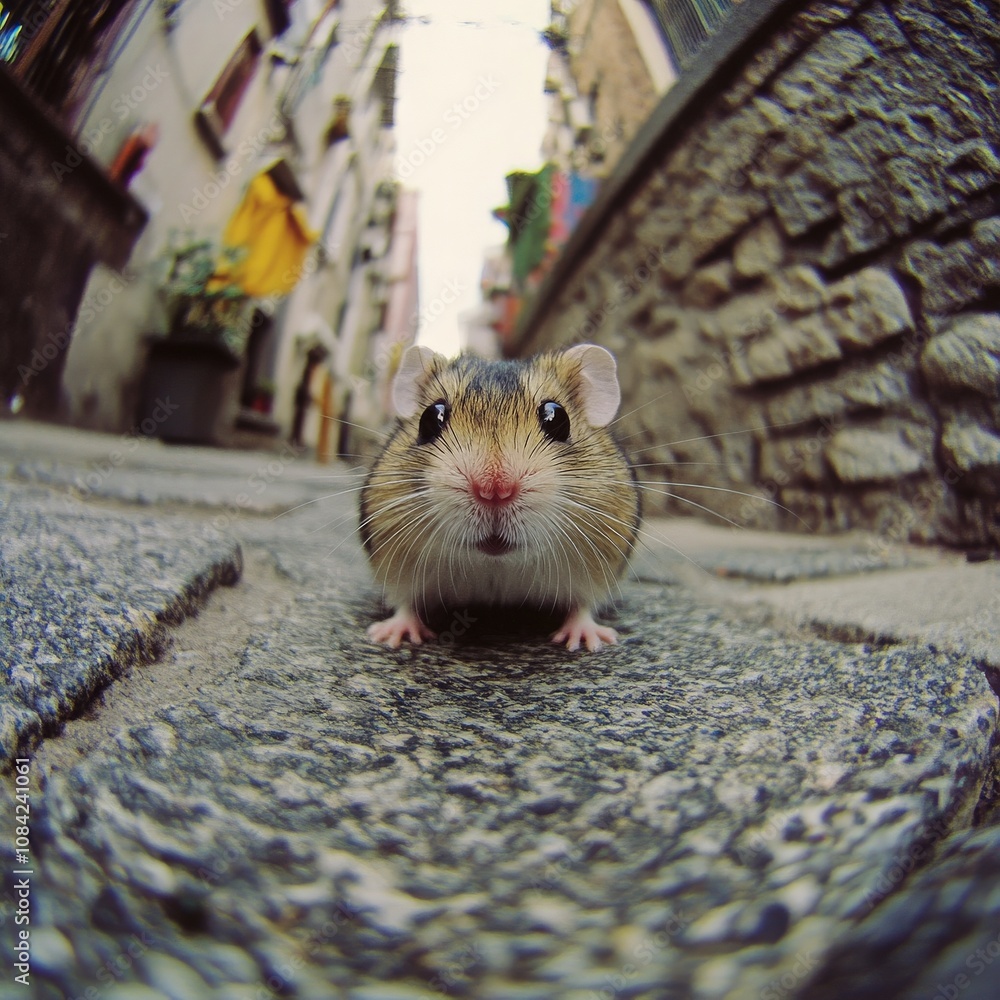 In a lively neighborhood, a small hamster wanders along a cobblestone street, capturing the charm of its surroundings. Its tiny paws make soft noises on the stones as it moves slowly.