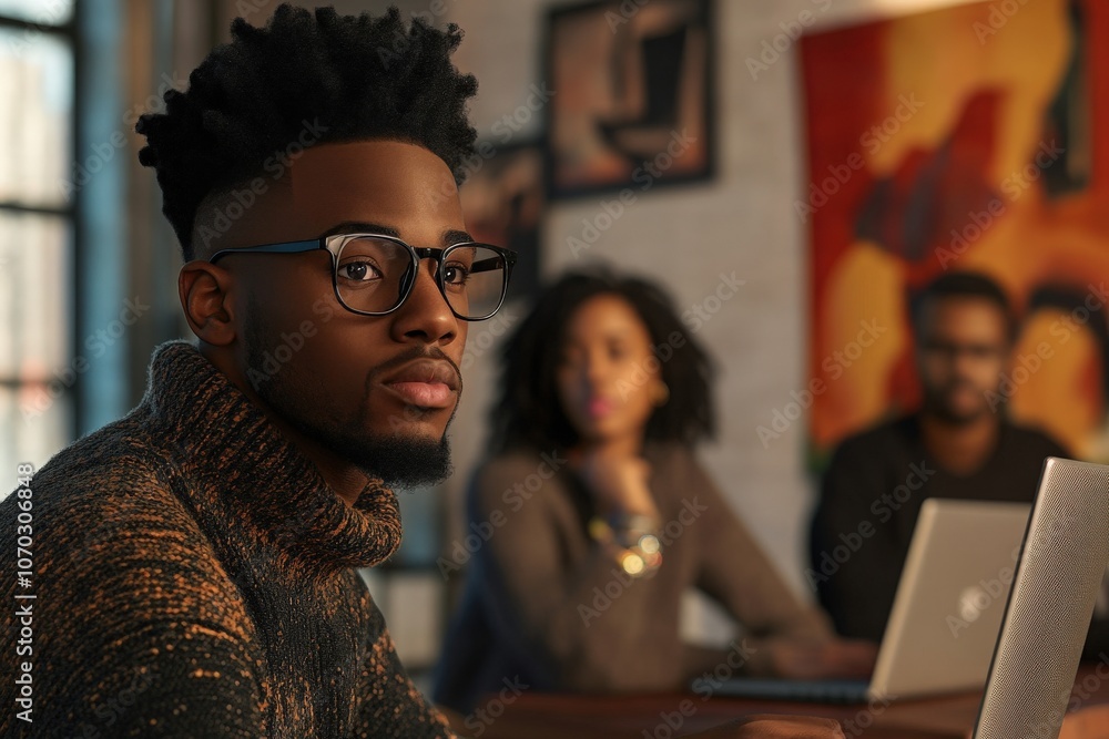 In a modern creative workspace, a group of Black individuals engages in brainstorming ideas, using a laptop to facilitate their discussion and enhance their collaborative efforts.