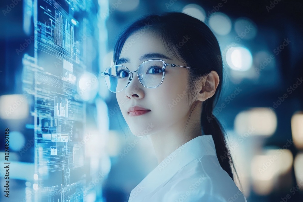 In a modern office, Asian individuals participate in a virtual meeting, discussing technology trends and innovations. The atmosphere reflects a collaborative work environment.