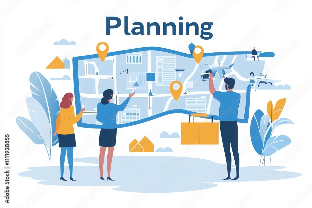 In a modern workspace, three individuals collaborate on planning by analyzing a large map. They use tools like a phone and a notepad while surrounded by design elements and greenery.