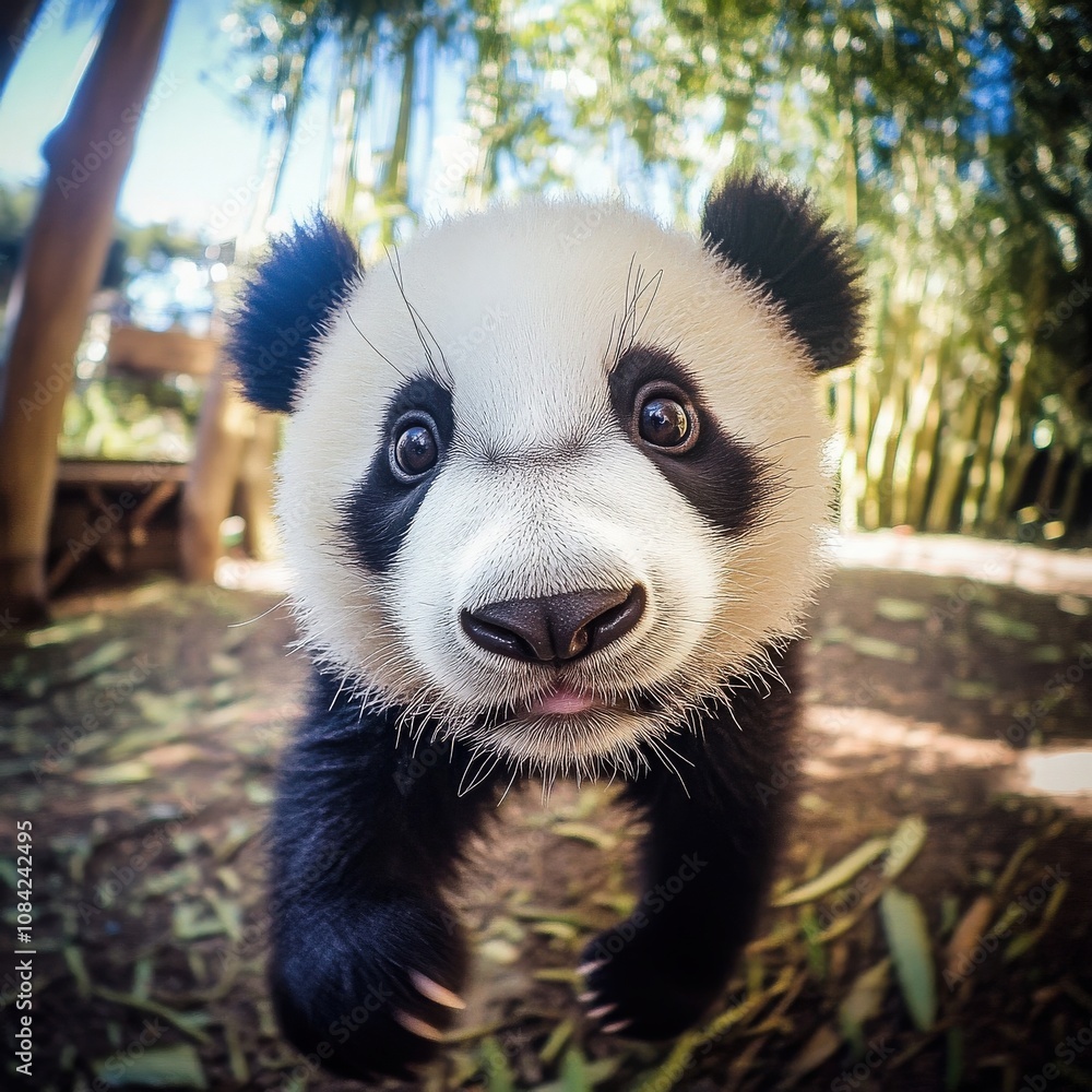 In a serene bamboo forest, a cute little panda moves slowly and playfully, showcasing its adorable features while surrounded by vibrant greenery and warm sunlight.