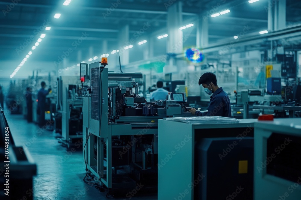 In a spacious manufacturing facility, several Asian individuals are focused on operating advanced machinery, illuminated by overhead lights. The atmosphere reflects a busy industrial environment.