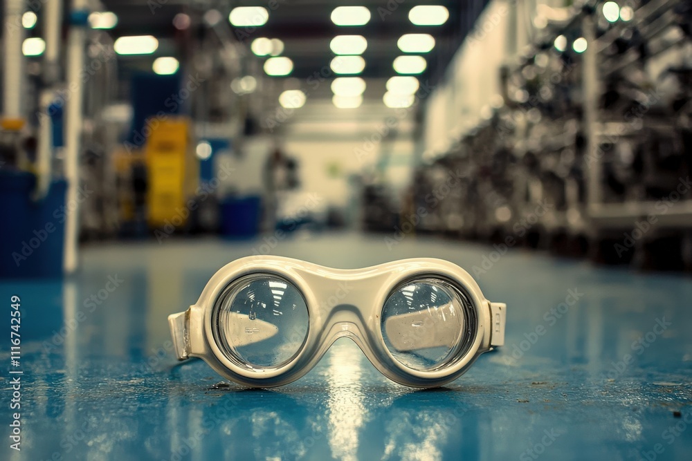 In a spacious workshop, a pair of safety goggles rests on a blue floor. The background shows various industrial equipment, highlighting a busy and functional environment.